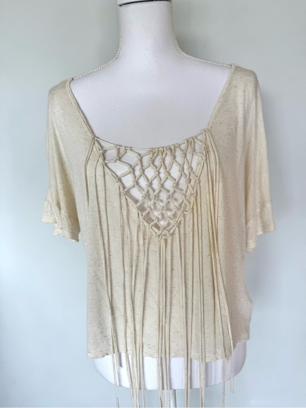 Boho Fringe Macramé Scoop Neck Top - Cream | EUC | Large | Linen Blend | Neutral